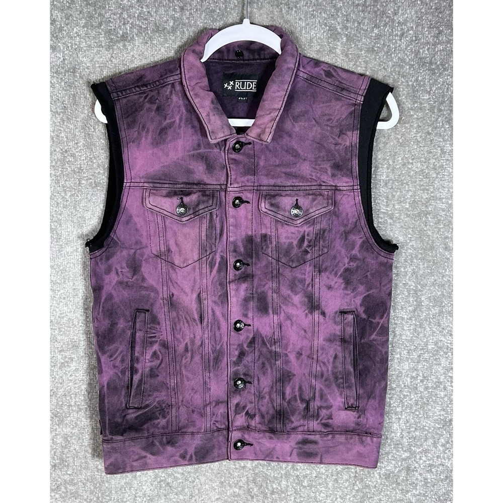 Rude Denim Trucker Vest Jacket Mens Size Small Pink-Purple Tie Dye Pockets